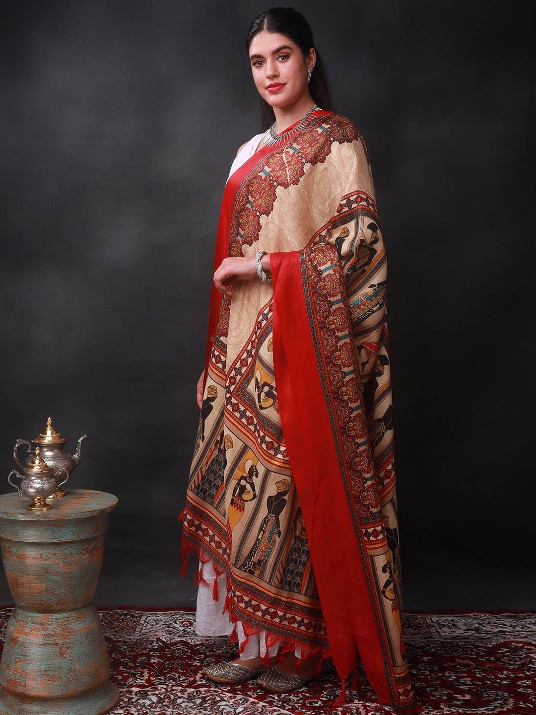 Exotic India Red Batik Afro Women Motif Printed Banglori Satin Dupatta