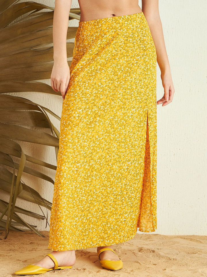 Berrylush Yellow Floral Print High Rise Side Slit A-Line Maxi Skirt