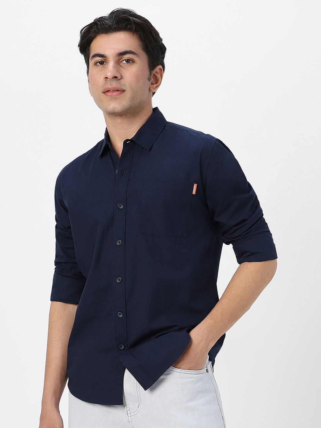 Urbano Fashion Men Spread Collar Solid Cotton Casual Shirt