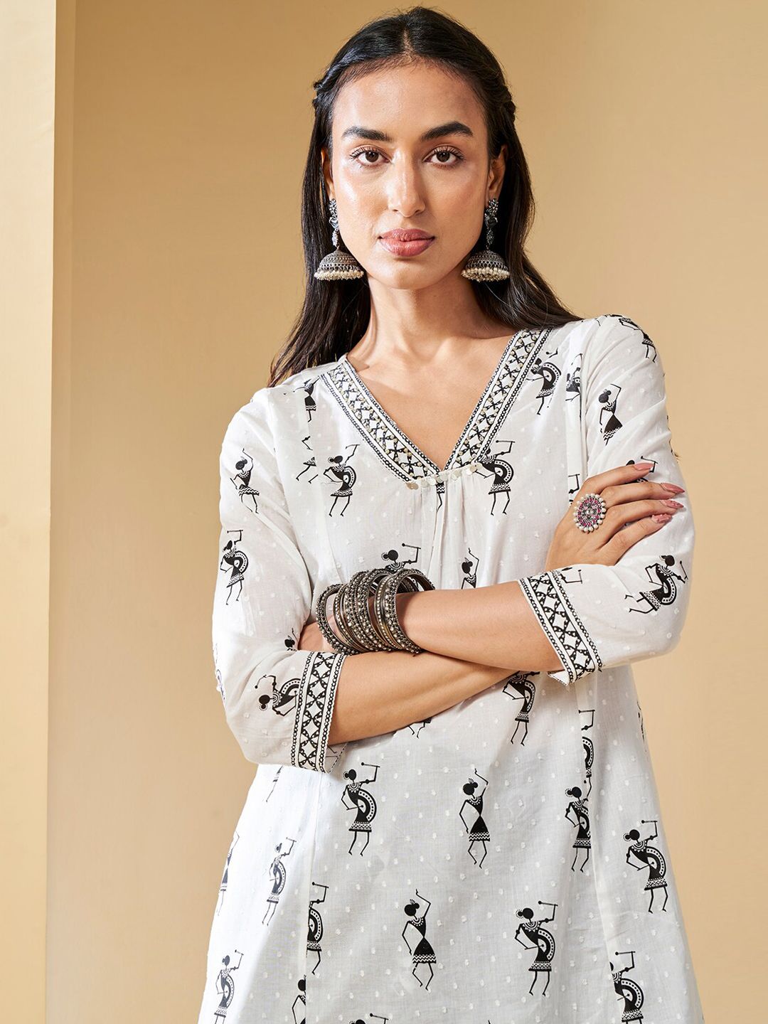Global Desi Embroidered Flared Sleeves Thread Work Cotton Kurta