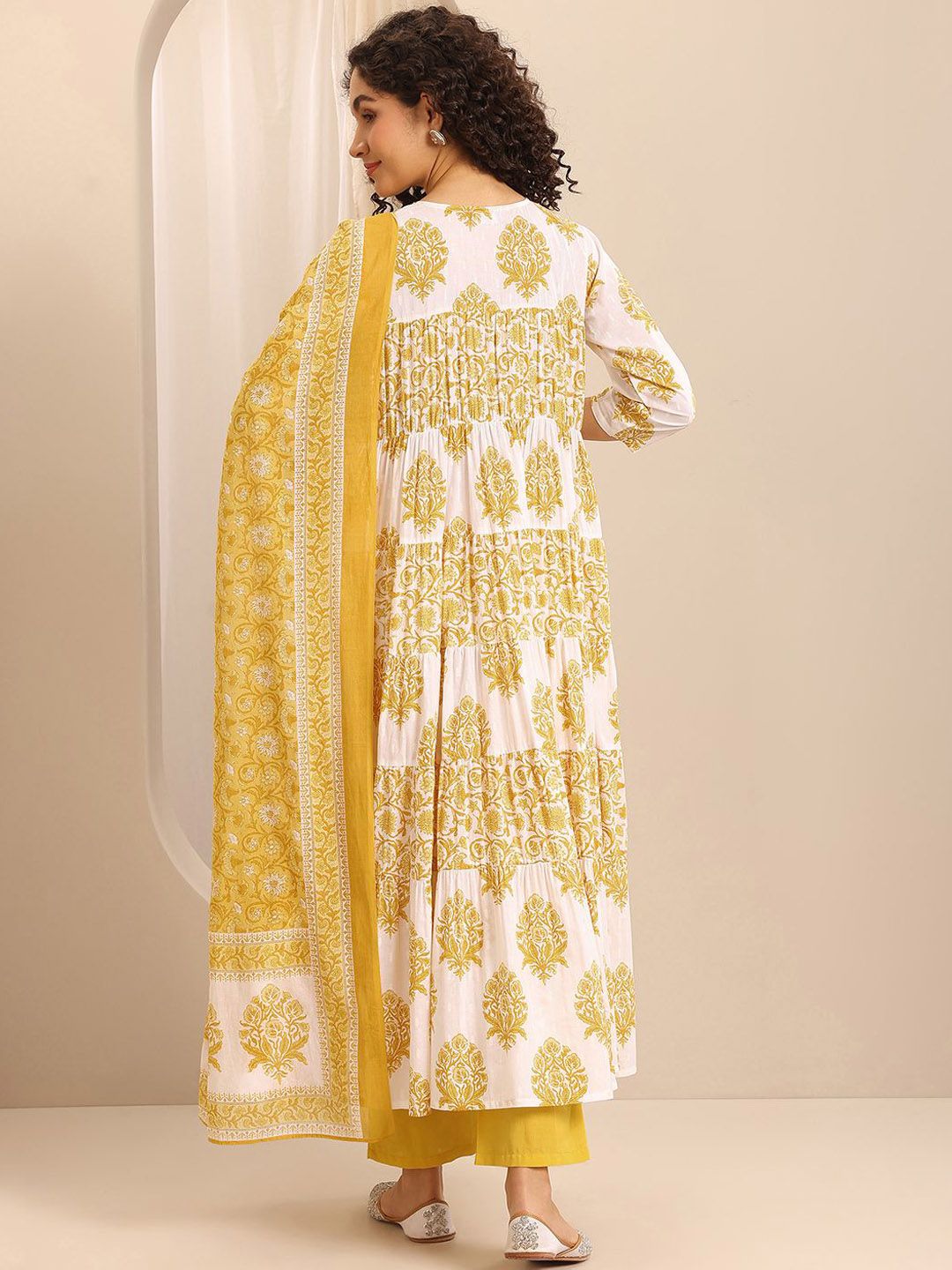 Libas Floral Printed Notch Neck Anarkali Kurta With Trousers & Dupatta