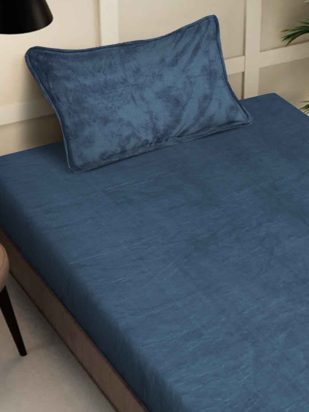 KLOTTHE Blue Woollen 300TC Fitted Single Bedsheet With Pillow Cover