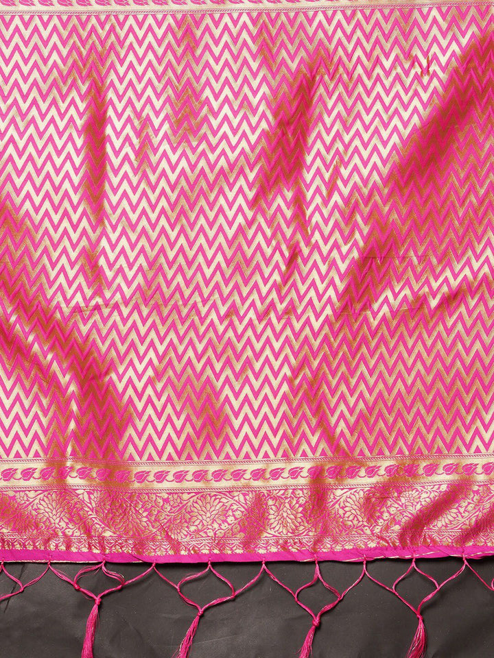 Saree mall Pink & Green Woven Design Silk Blend Banarasi Sarees