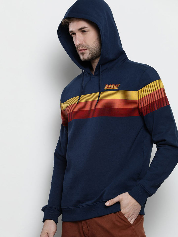 The Indian Garage Co Men Navy Blue Striped Hooded Sweatshirt