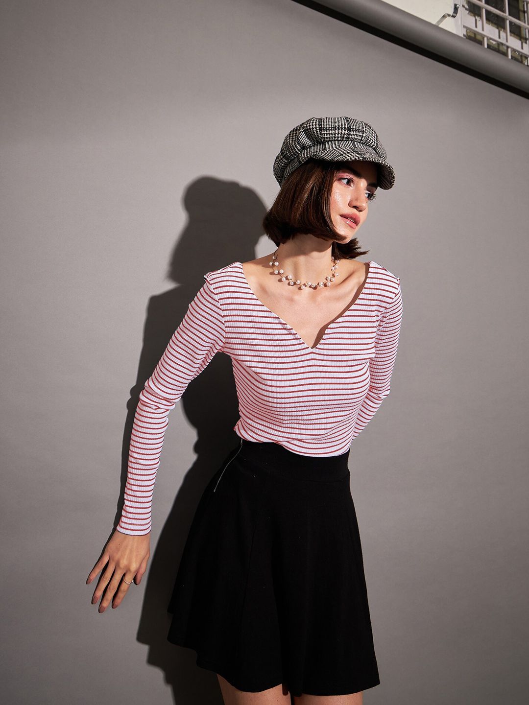SASSAFRAS Red Striped Sweetheart Neck Long Sleeves Regular Top