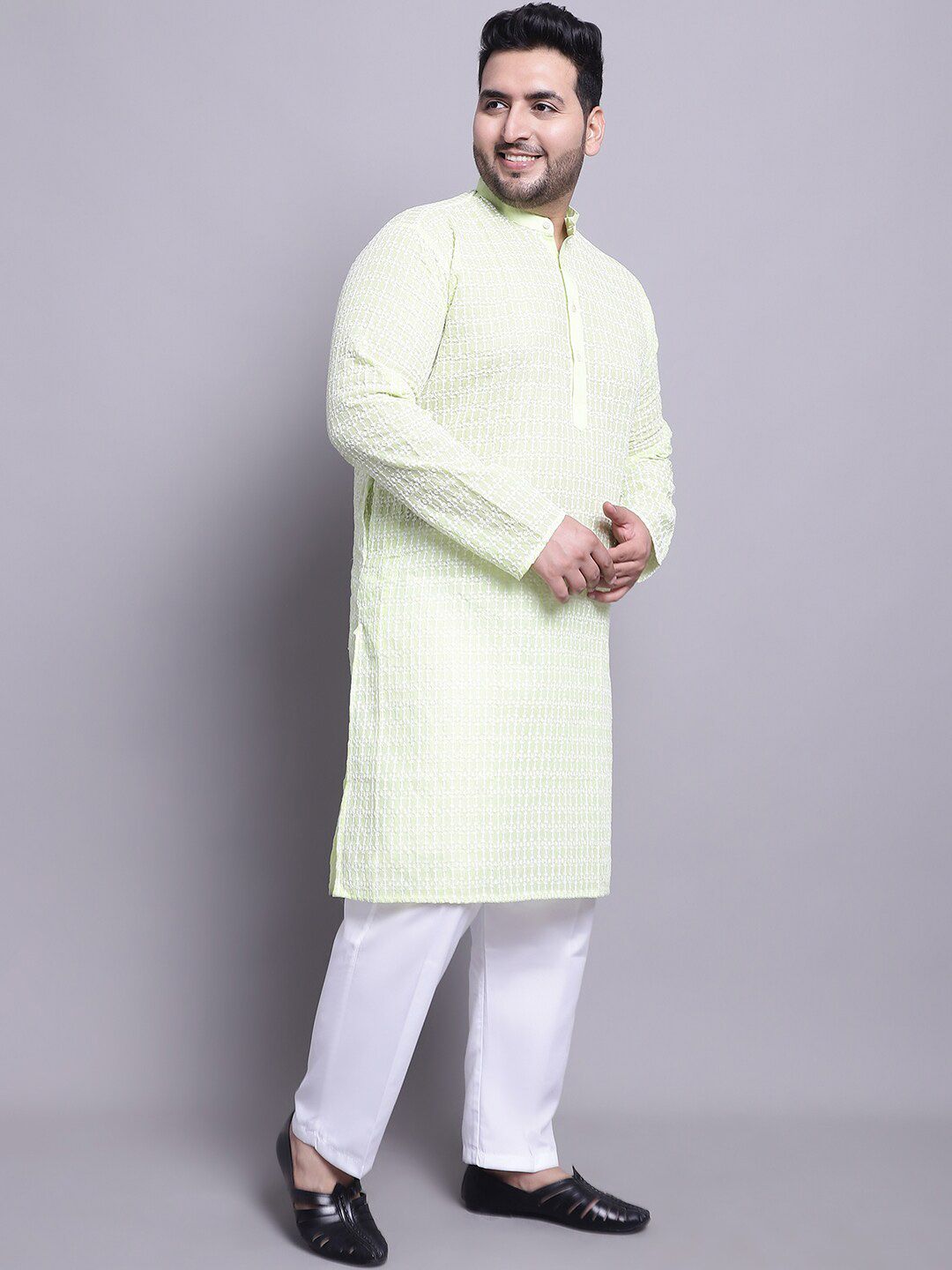 Kurta Kapas Tulen Bersulam SOJANYA PLUS Dengan Piyama & Jaket Nehru Bercetak