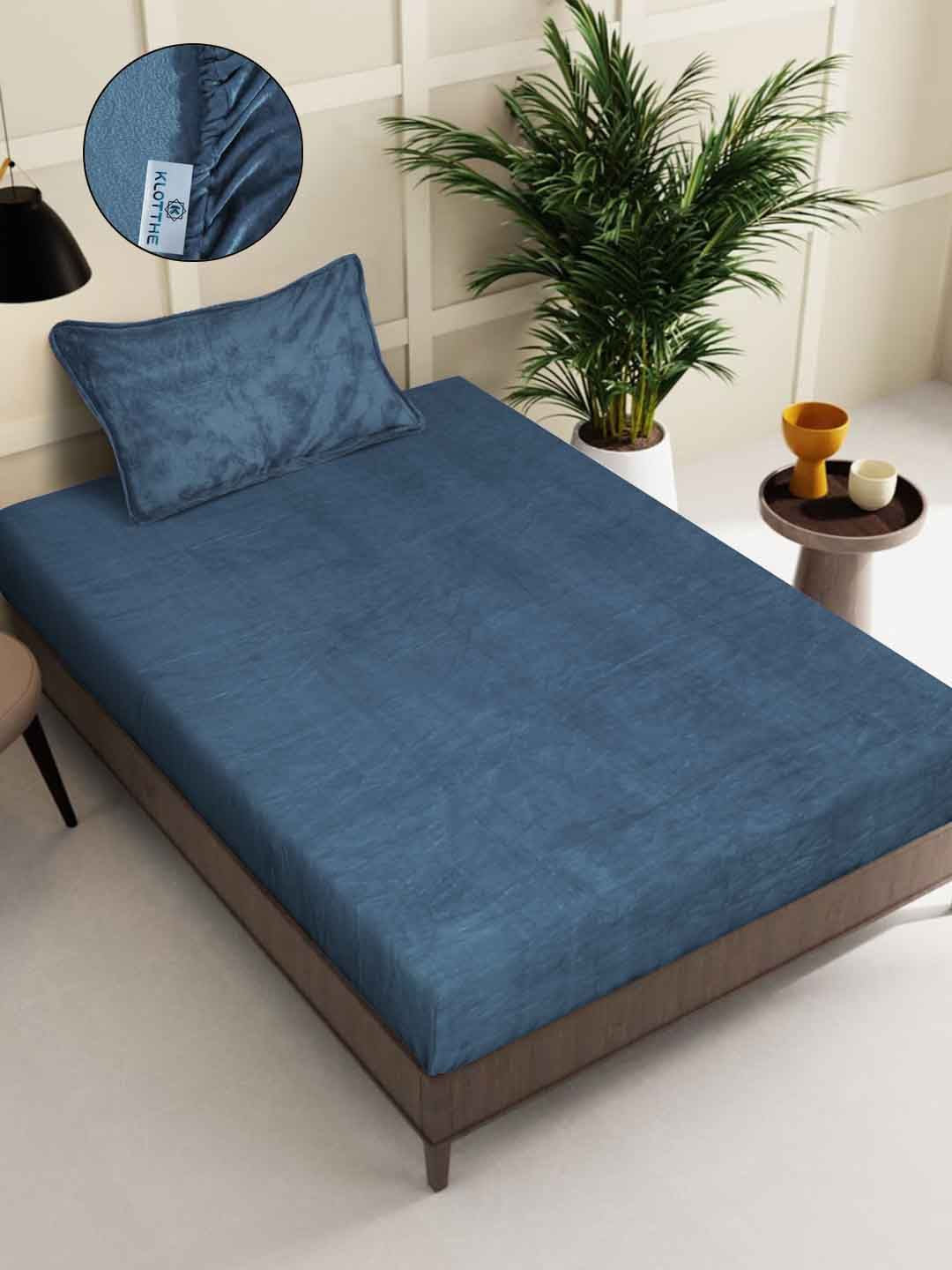 KLOTTHE Blue Woollen 300TC Fitted Single Bedsheet With Pillow Cover