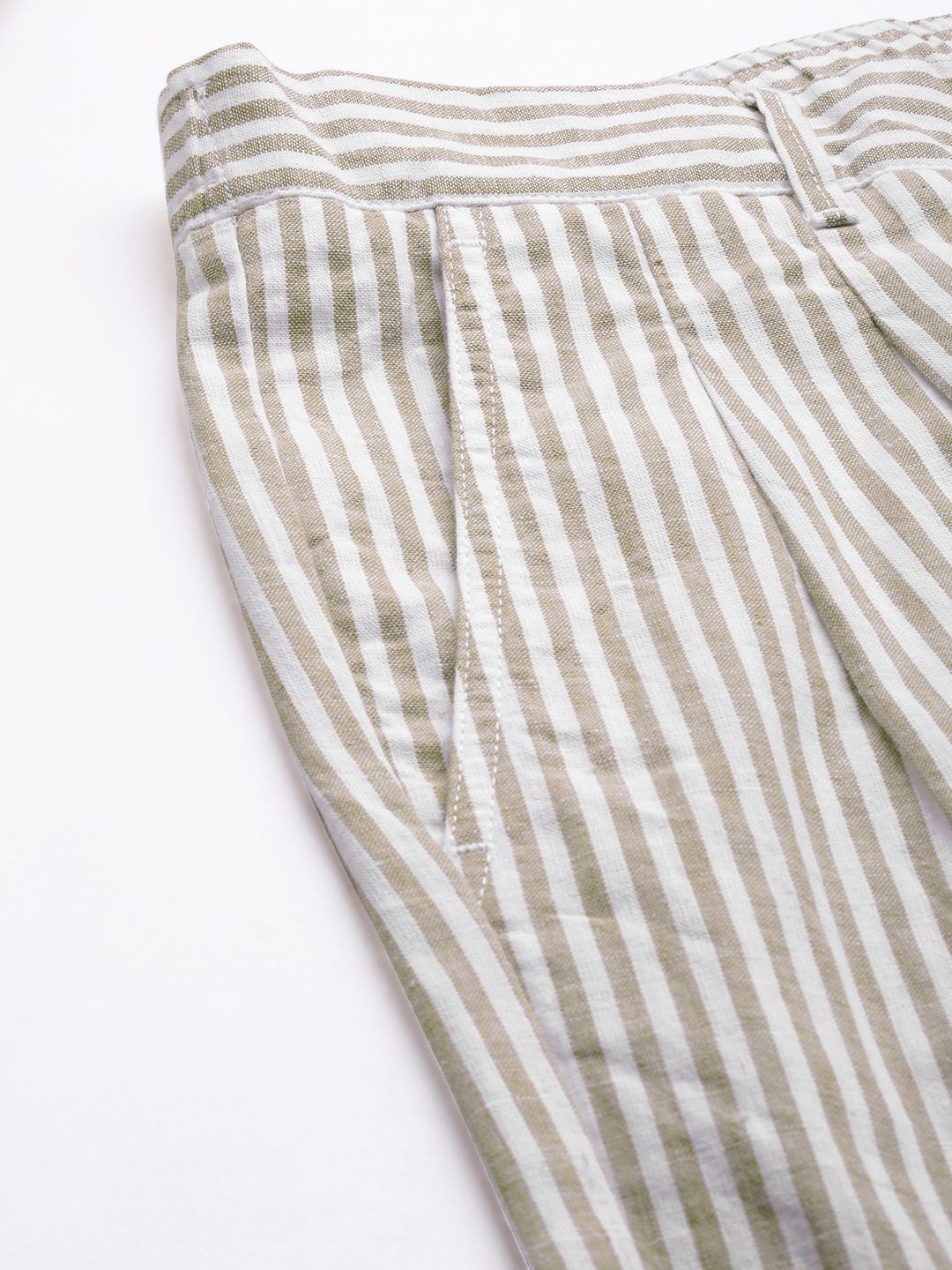 Mr Bowerbird Men White Striped Pleated  Liberal Fit Trousers