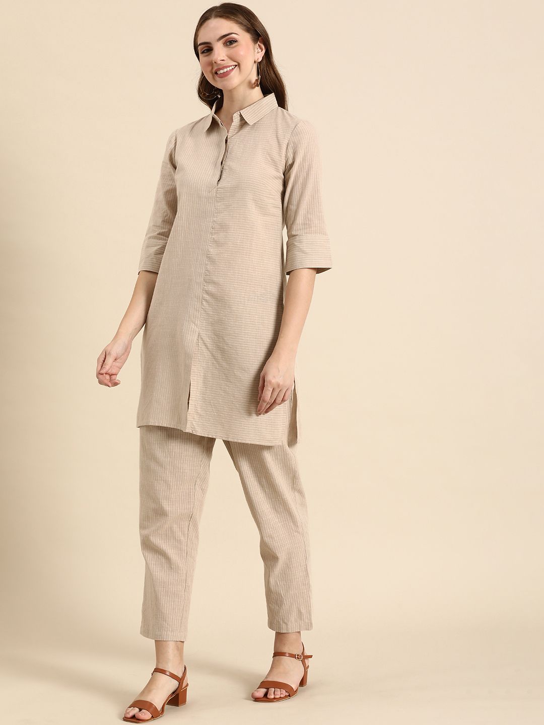 Anouk Beige Striped Tunic with Trousers