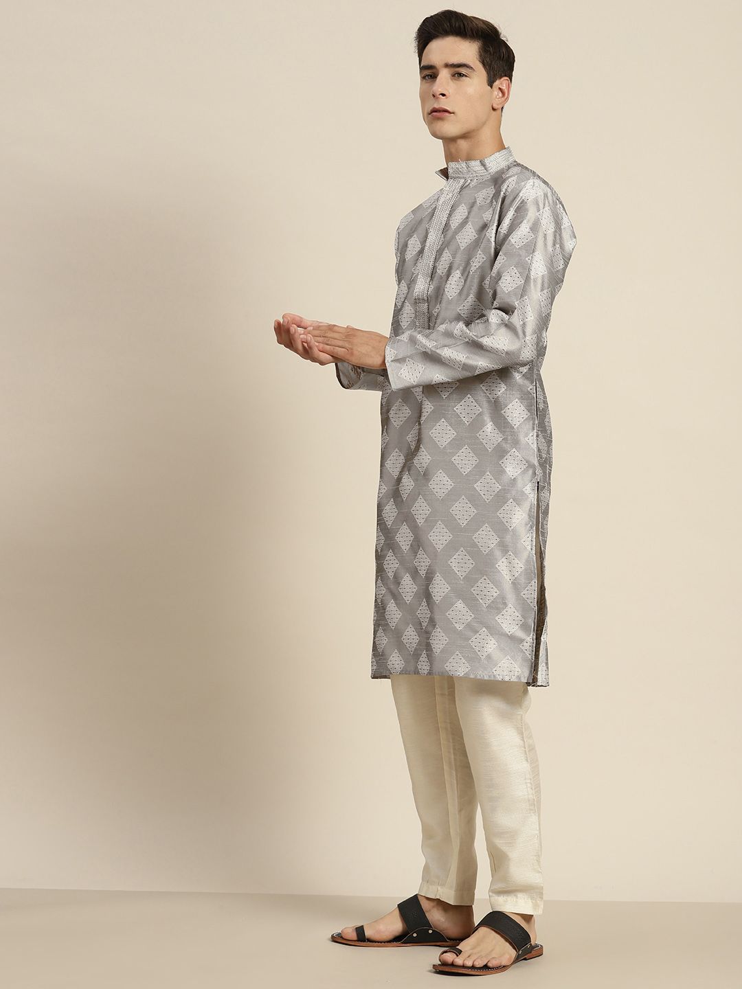 SOJANYA Ethnic Motifs Kantha Work Pastel Silk Cotton Kurta