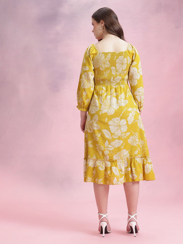 DressBerry Floral Print Gathered Detail Smocked Effect Pure Cotton Midi A-Line Dress