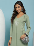 House of Chikankari Women Green Rayon Chikankari Embroidered Kurta Set
