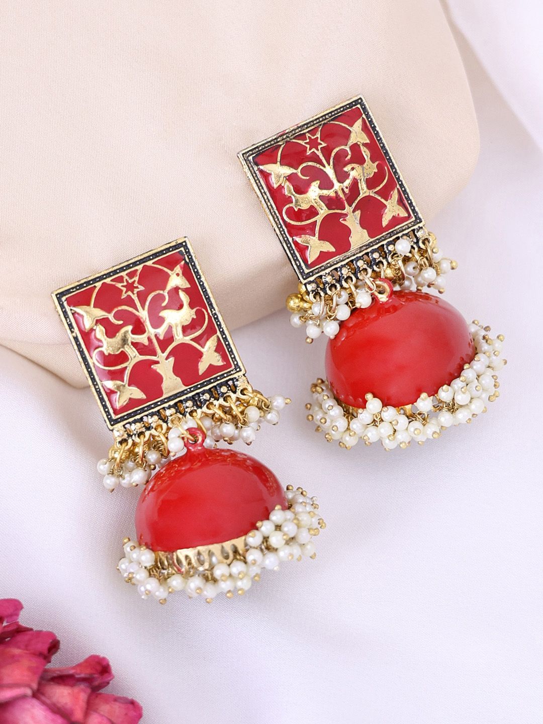 PANASH Gold-Plated Red & White Pearls Jhumka Earrings