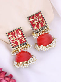 PANASH Gold-Plated Red & White Pearls Jhumka Earrings
