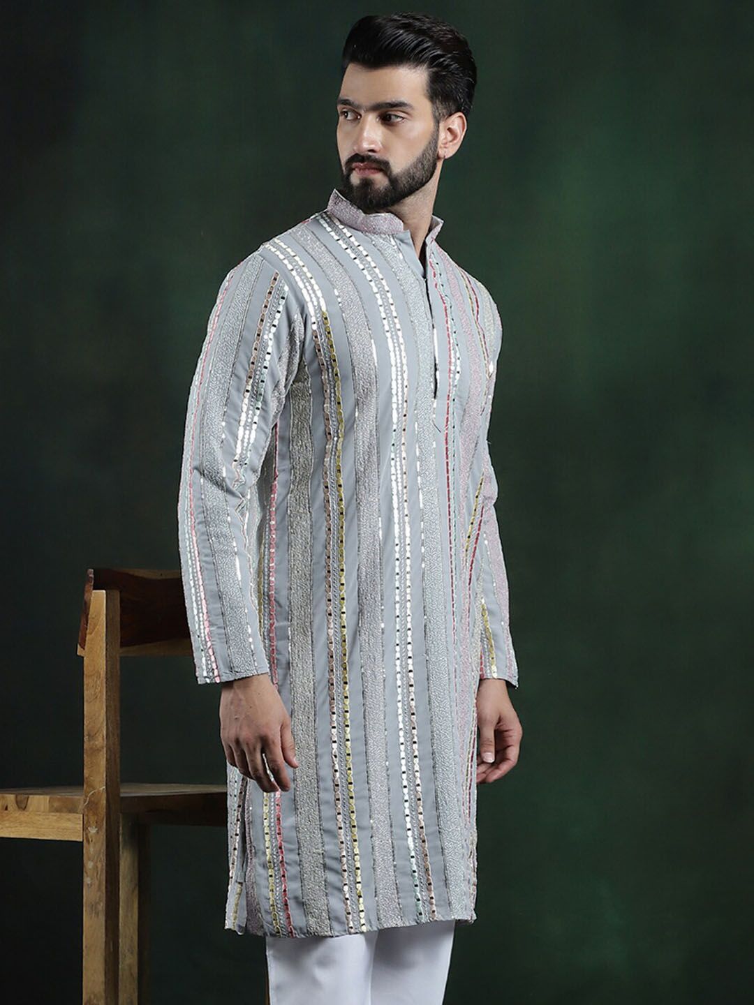 SOJANYA LUXE Striped Mandarin Collar sequinned mirror embroidered Georgette A-Line Kurta