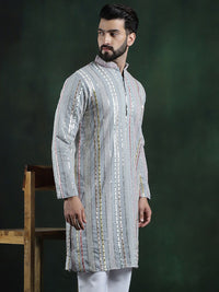 SOJANYA LUXE Striped Mandarin Collar sequinned mirror embroidered Georgette A-Line Kurta