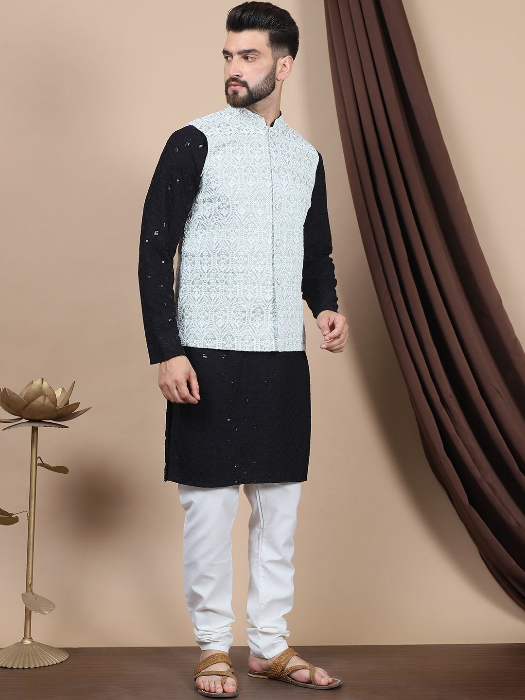 Anouk Black Floral Embroidered Regular Pure Cotton Straight Kurta With Churidar