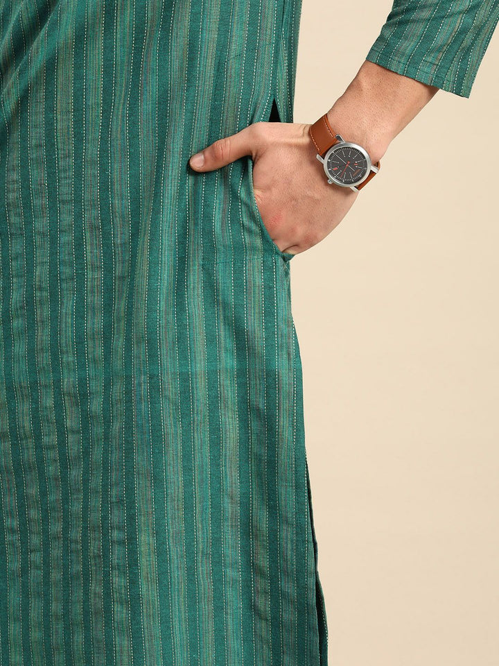 Anouk Men Teal Green Striped Kurta