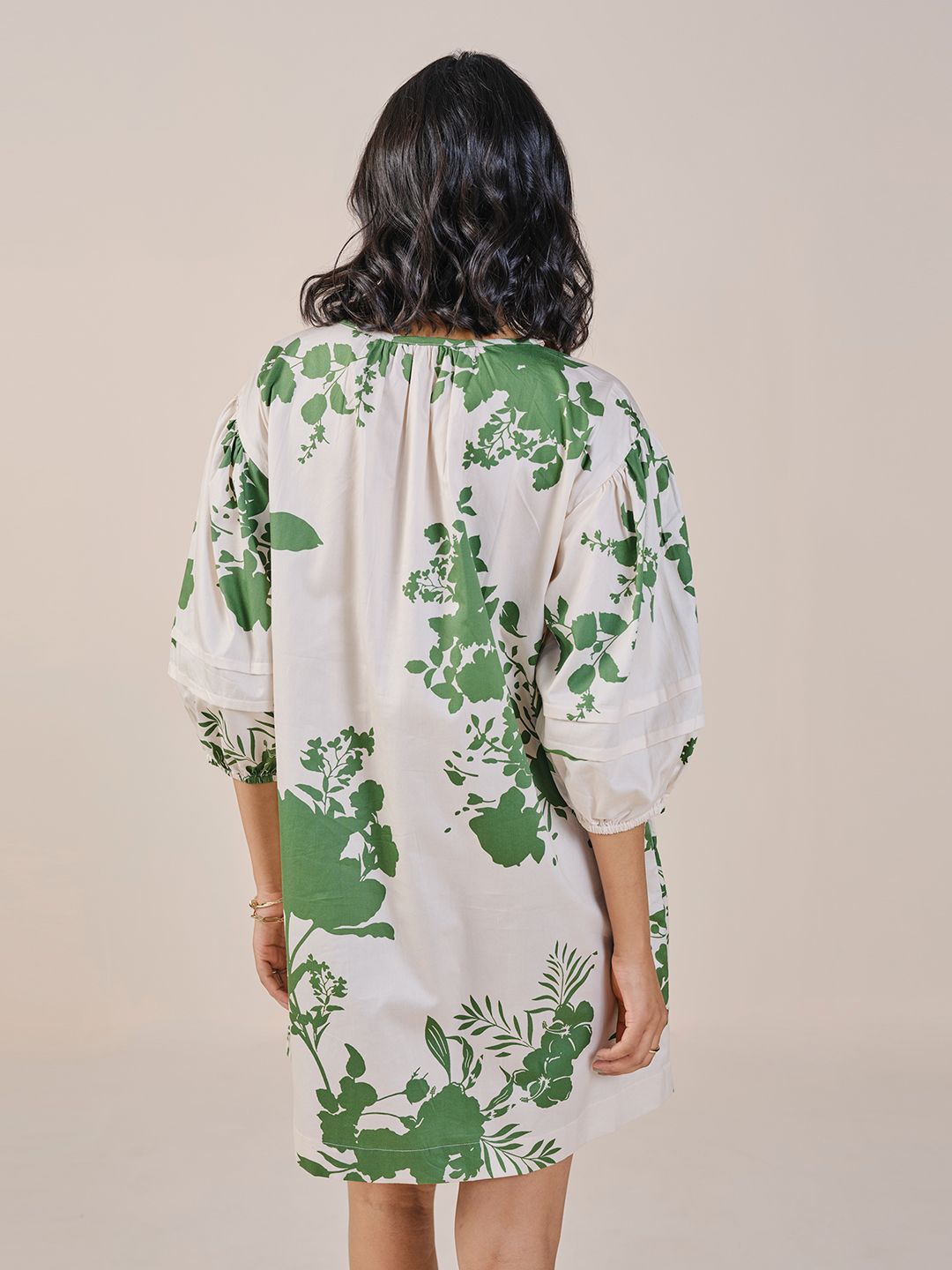 AND Floral Print Tie-Up Neck Puff Sleeve A-Line Dress