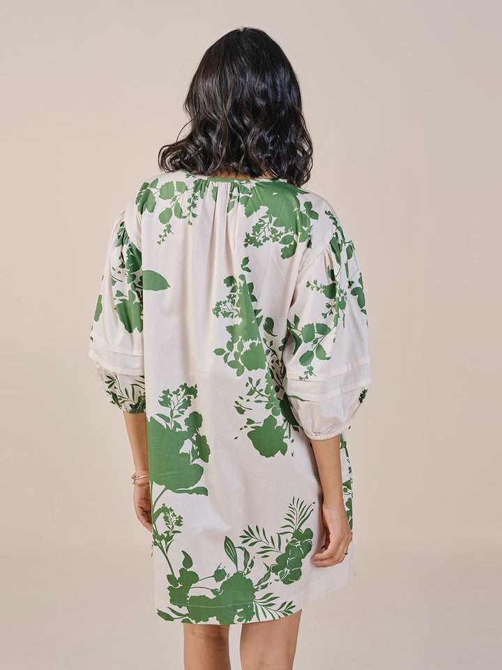 AND Floral Print Tie-Up Neck Puff Sleeve A-Line Dress