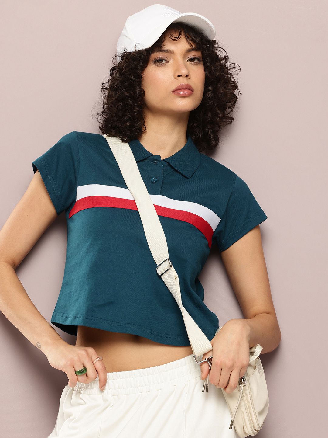 DILLINGER Striped Polo Collar Crop Pure Cotton T-shirt