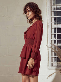 SASSAFRAS Rust Smocked Ruffled & Layered Georgette Fit & Flare Dress