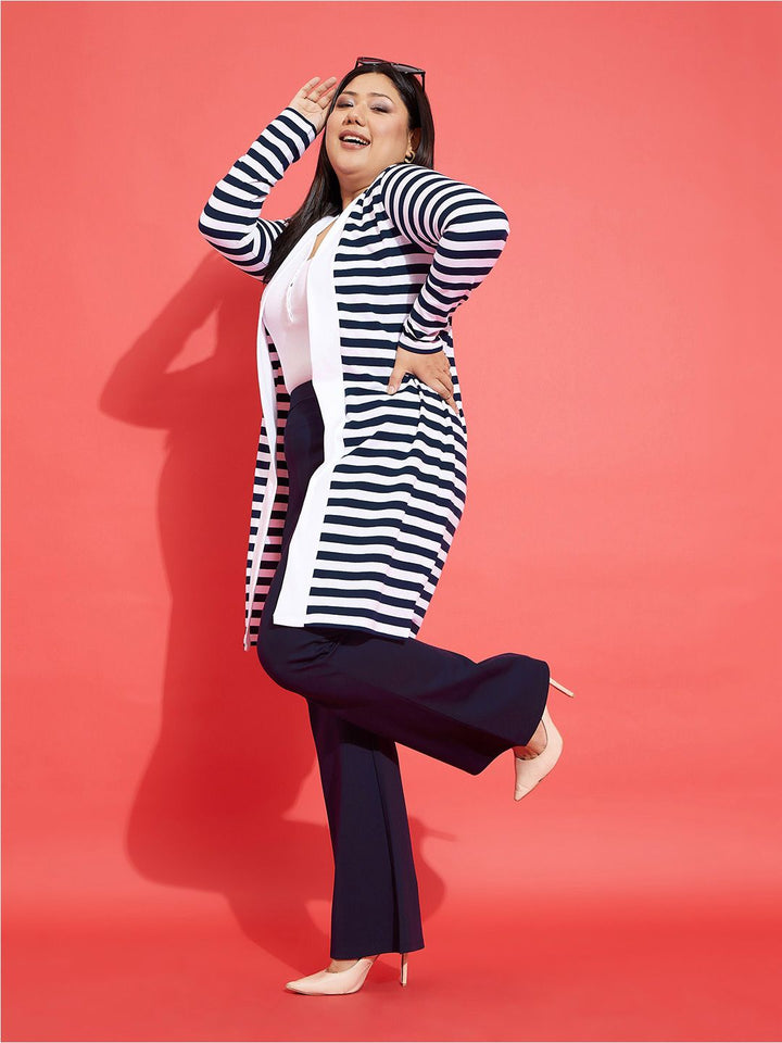 SASSAFRAS Curve Plus Size Striped Cotton Longline Open Front Shrug
