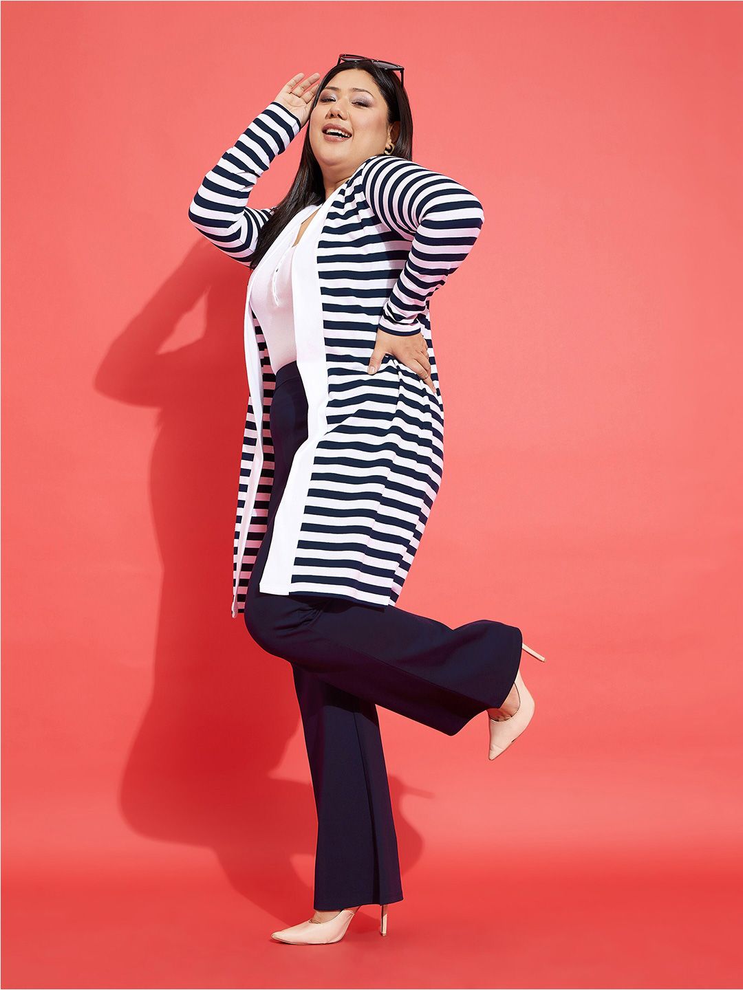 SASSAFRAS Curve Plus Size Striped Cotton Longline Open Front Shrug