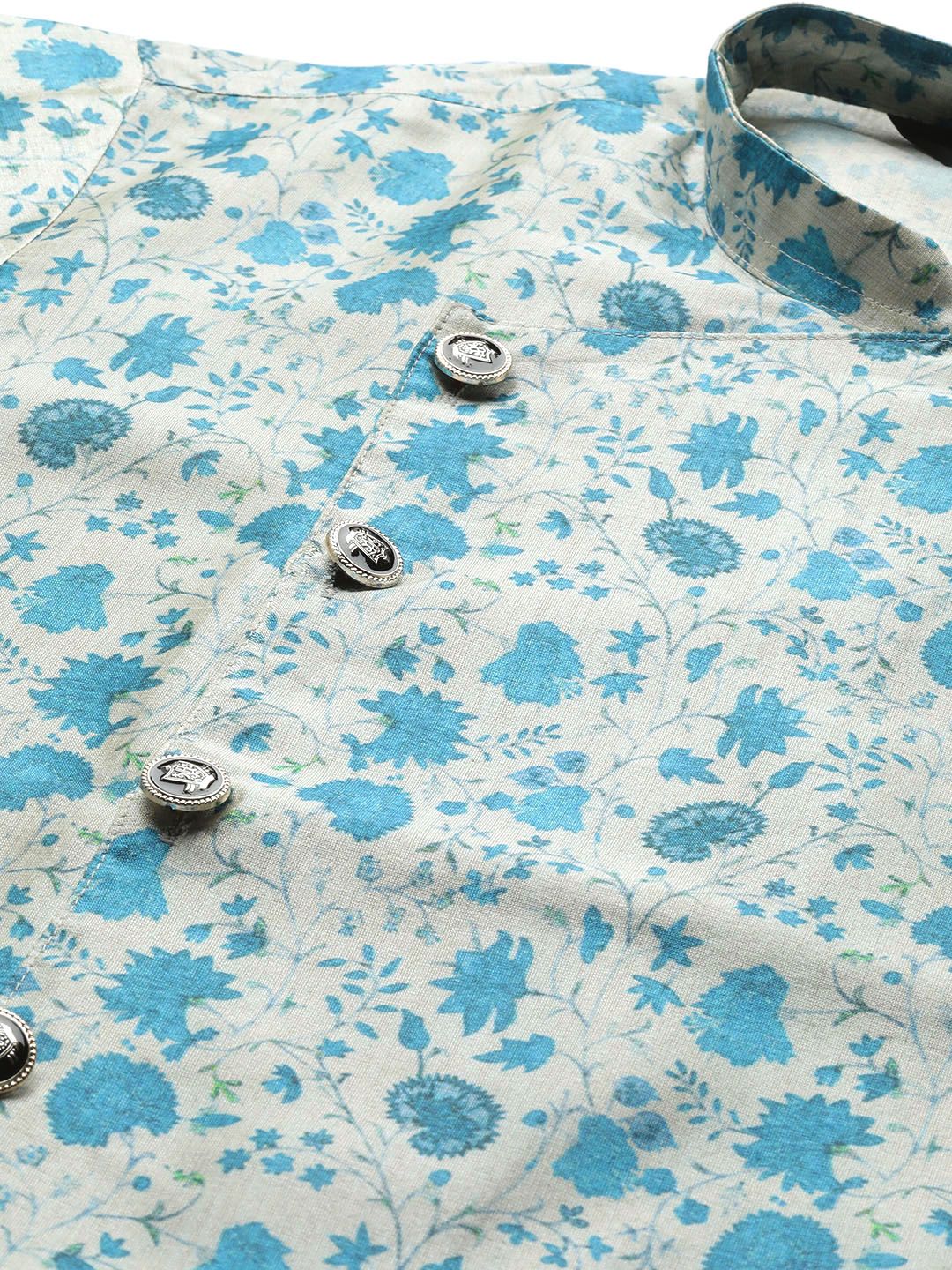 SOJANYA Lelaki Grey & Blue Floral Print Angrakha Straight Kurta