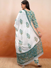 Vishudh White & Blue Floral Printed Regular Pure Cotton Kurta with Trousers & Dupatta