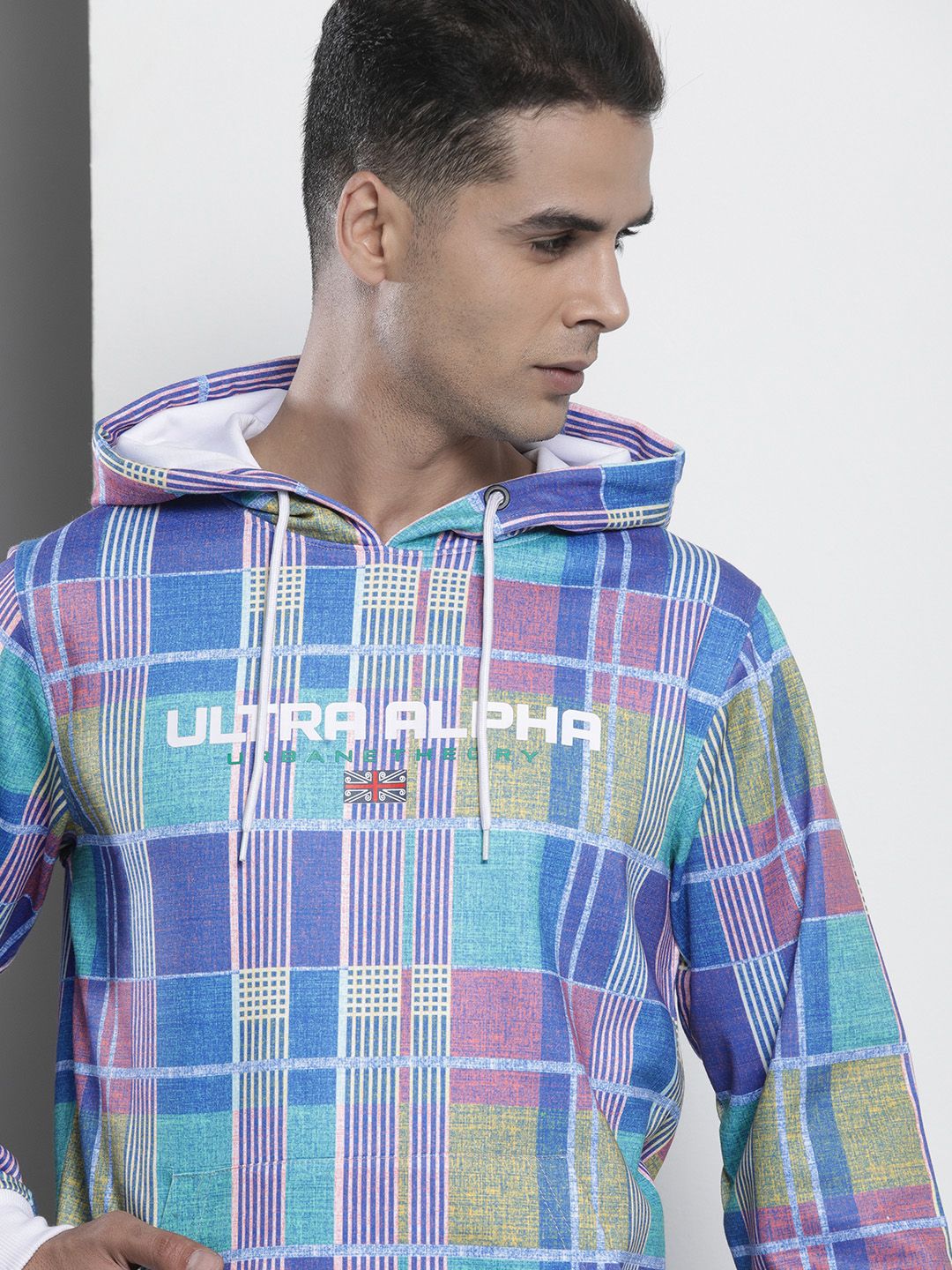 The Indian Garage Co Men Blue Checked Hooded Sweatshirt