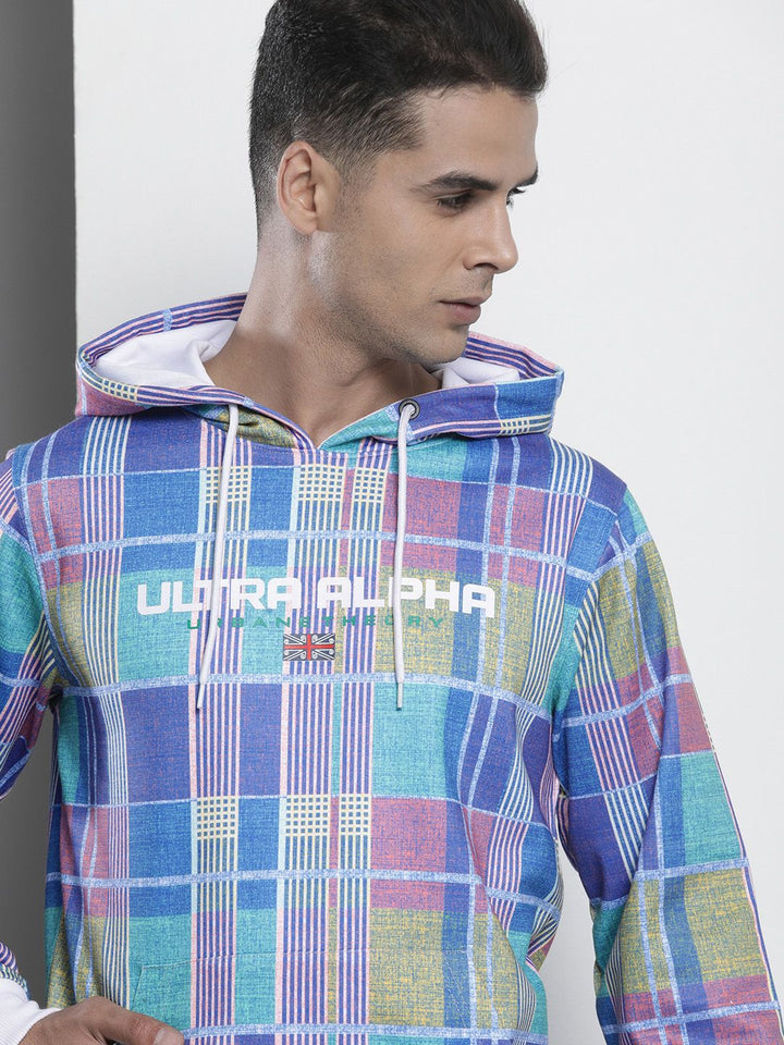 The Indian Garage Co Men Blue Checked Hooded Sweatshirt
