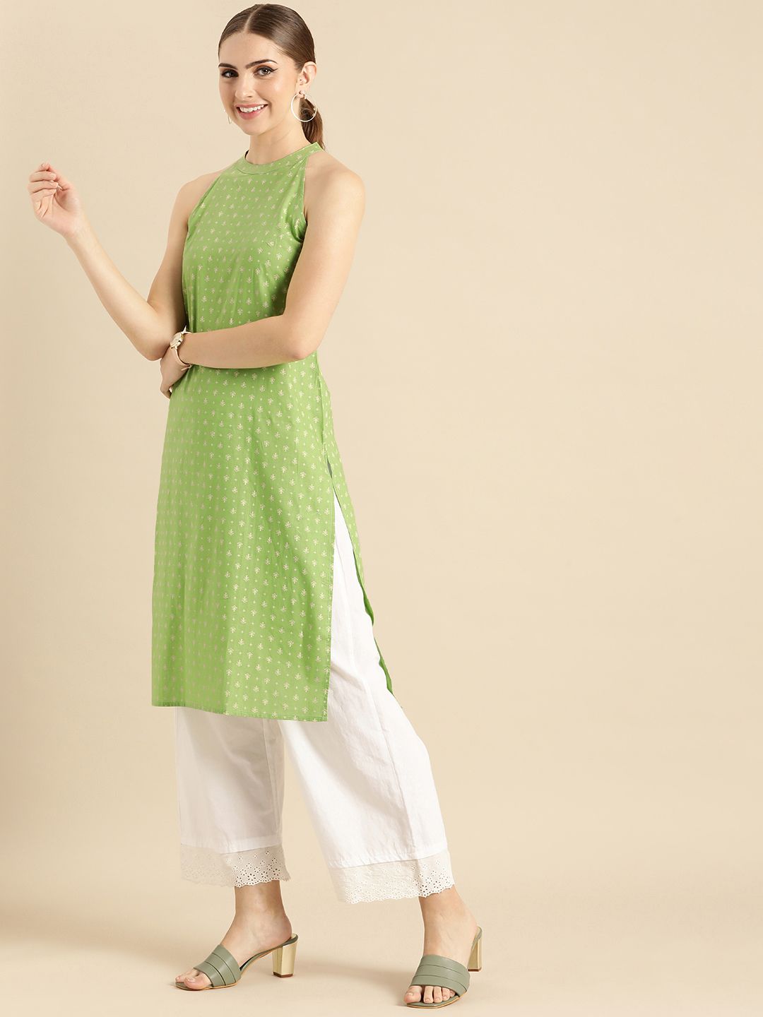 Anouk Ethnic Motifs Printed Halter Neck Pure Cotton Kurta