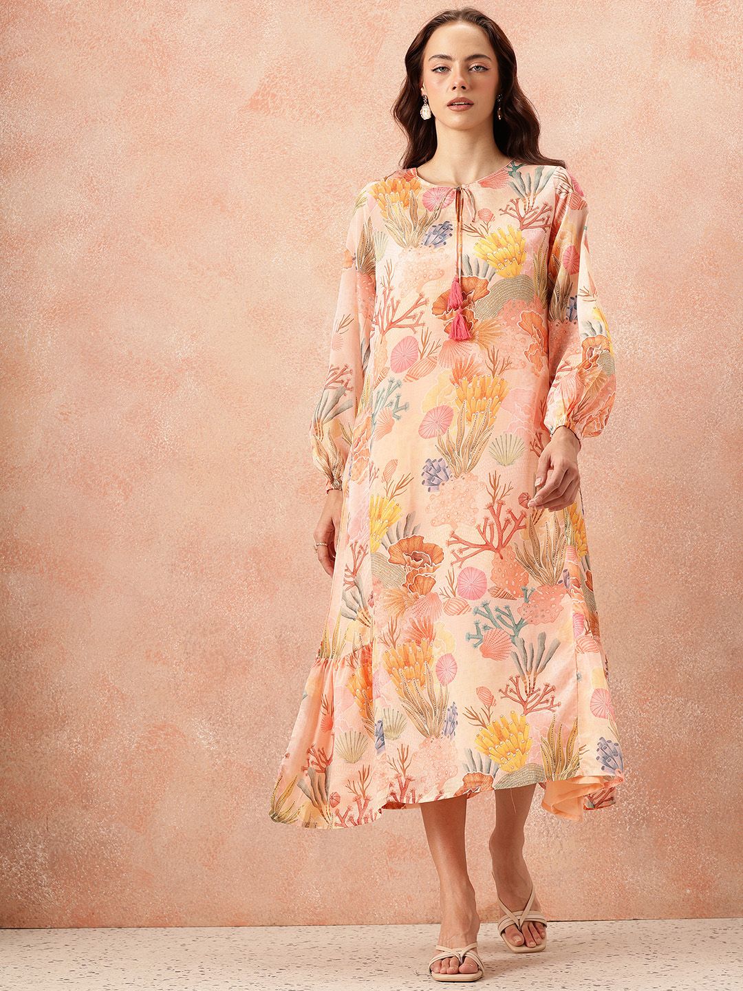 all about you Floral Printed Puff Sleeve A-Line Midi Dress