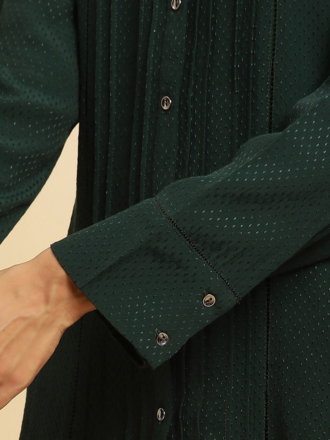 W Green Self Design Mandarin Collar Gathered or Pleated Shirt Style Top