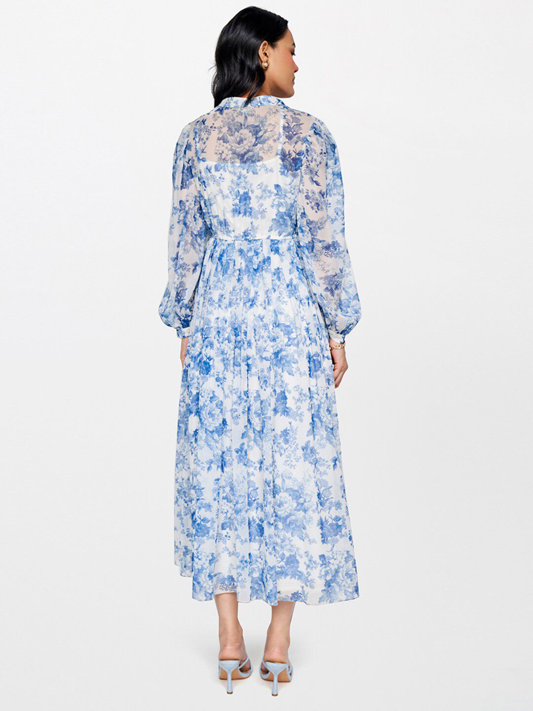 AND Floral Printed Mandarin Collar Puff Sleeve Gathered A-Line Maxi Dress