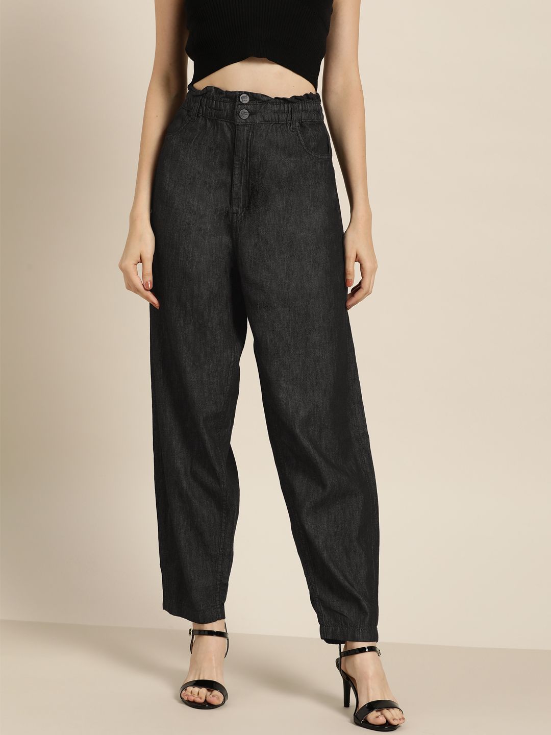 all about you Women Charcoal Grey Pure Cotton Tapered Fit High-Rise Jeans
