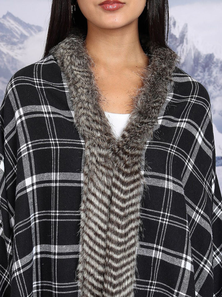 Tokyo Talkies Checked Tasselled Open Front Flannel Checked Shrug