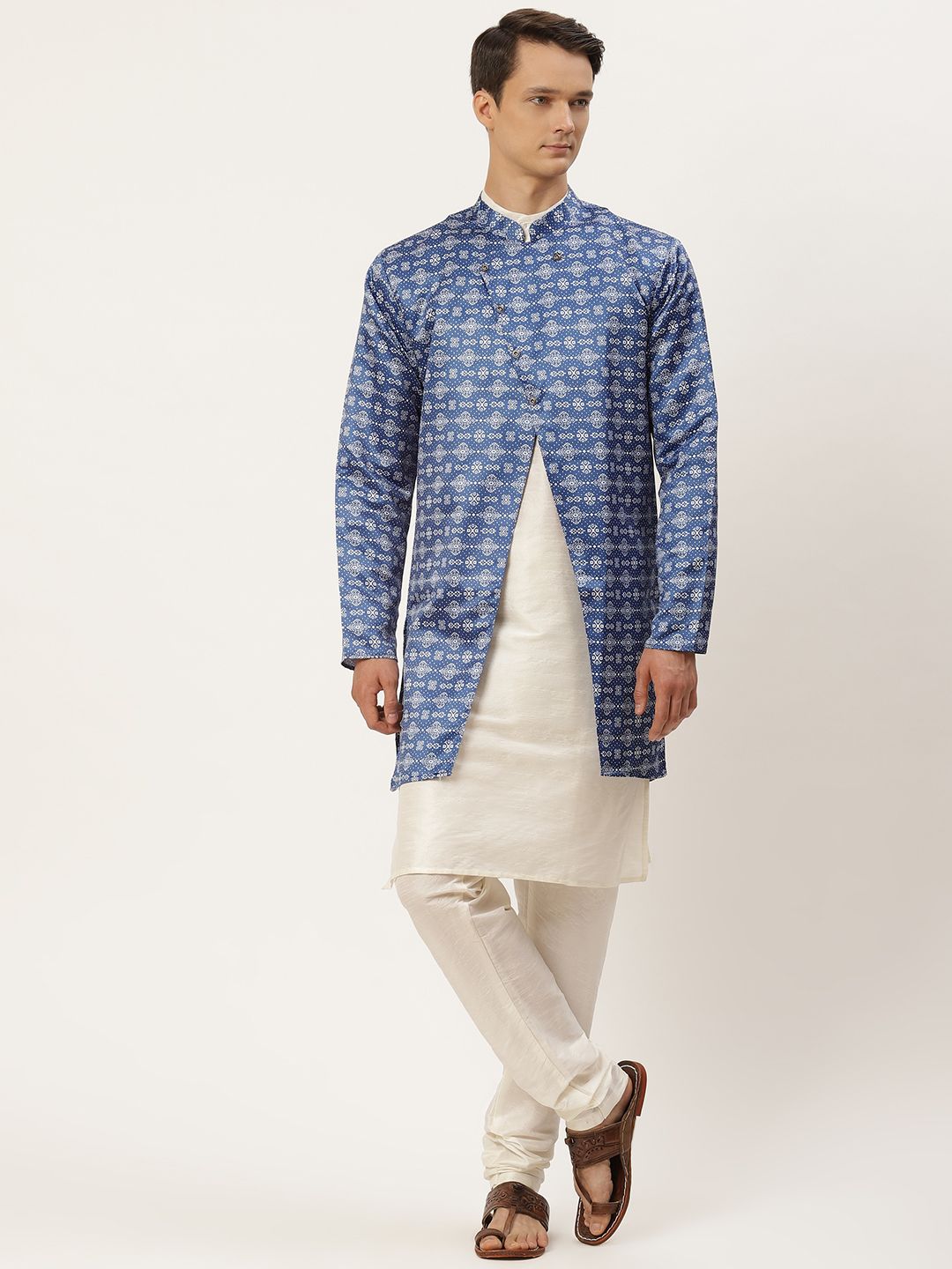 SOJANYA Men Off White Kurta with Churidar & Jacket