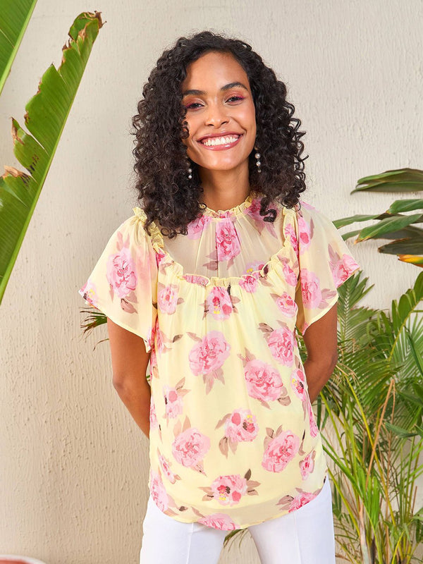 SASSAFRAS Yellow Floral Printed High Neck Flutter Sleeve Georgette Top