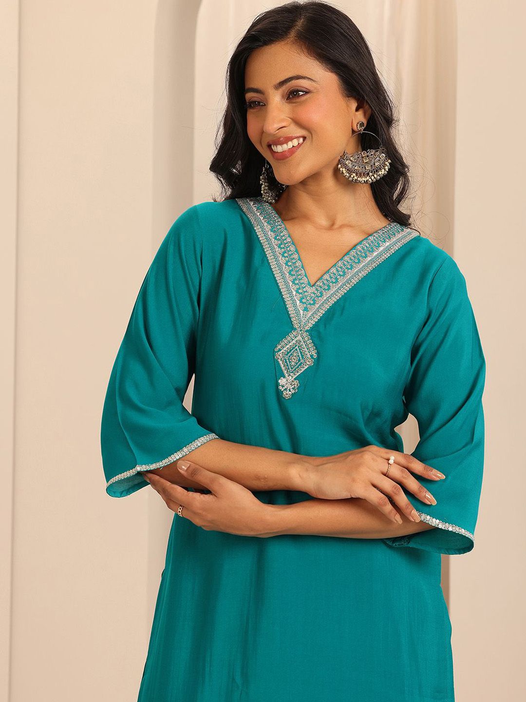 Gerua By Libas Floral Yoke Design Sequinned V-Neck Straight Kurta With Salwar & Dupatta