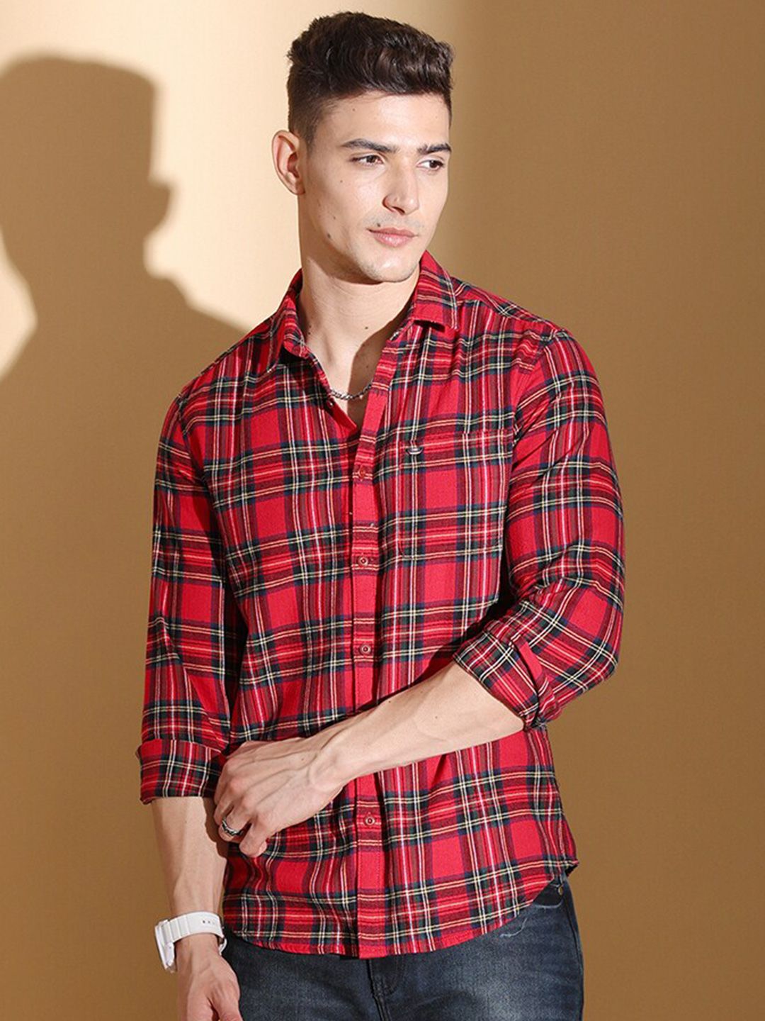 The Indian Garage Co Slim Fit Tartan Checked Pure Cotton Casual Shirt
