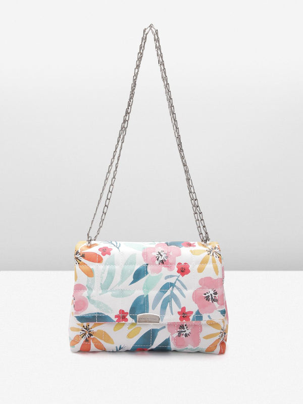 Lino Perros Floral Printed Structured Shoulder Bag with Quilted Detail