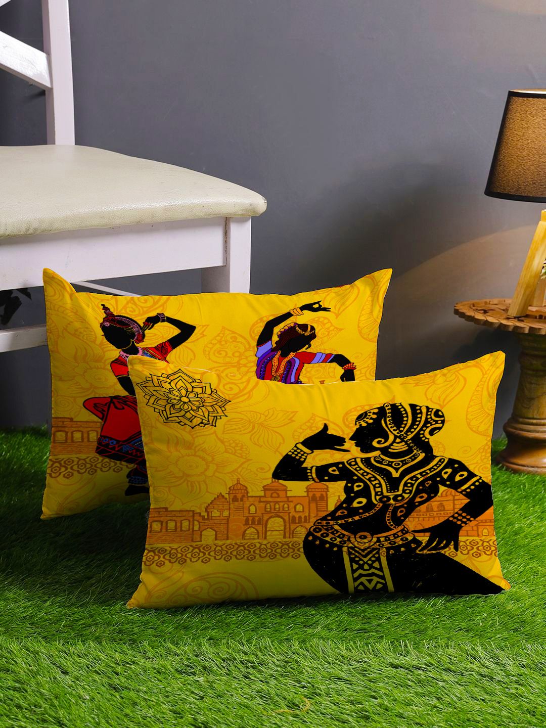 STITCHNEST Set Of 2 Yellow & Black Ethnic Motifs Printed Rectangle Cushion Covers