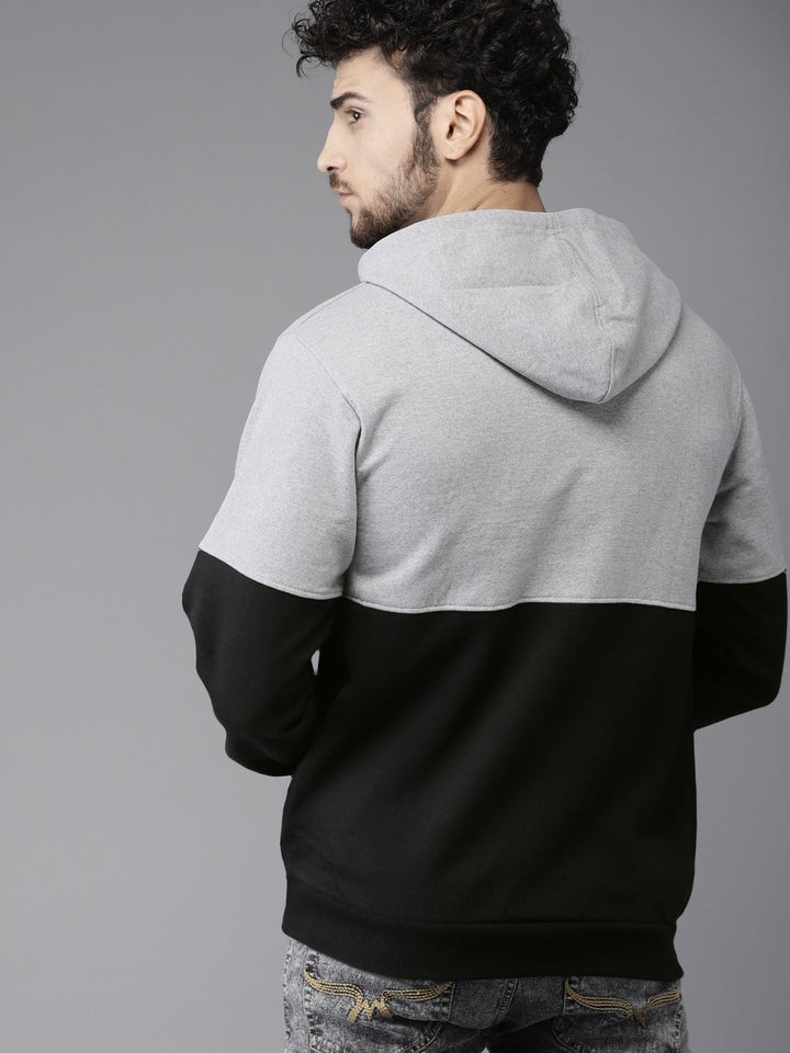 Campus Sutra Men Black & Grey Colourblocked Hooded Sweatshirt