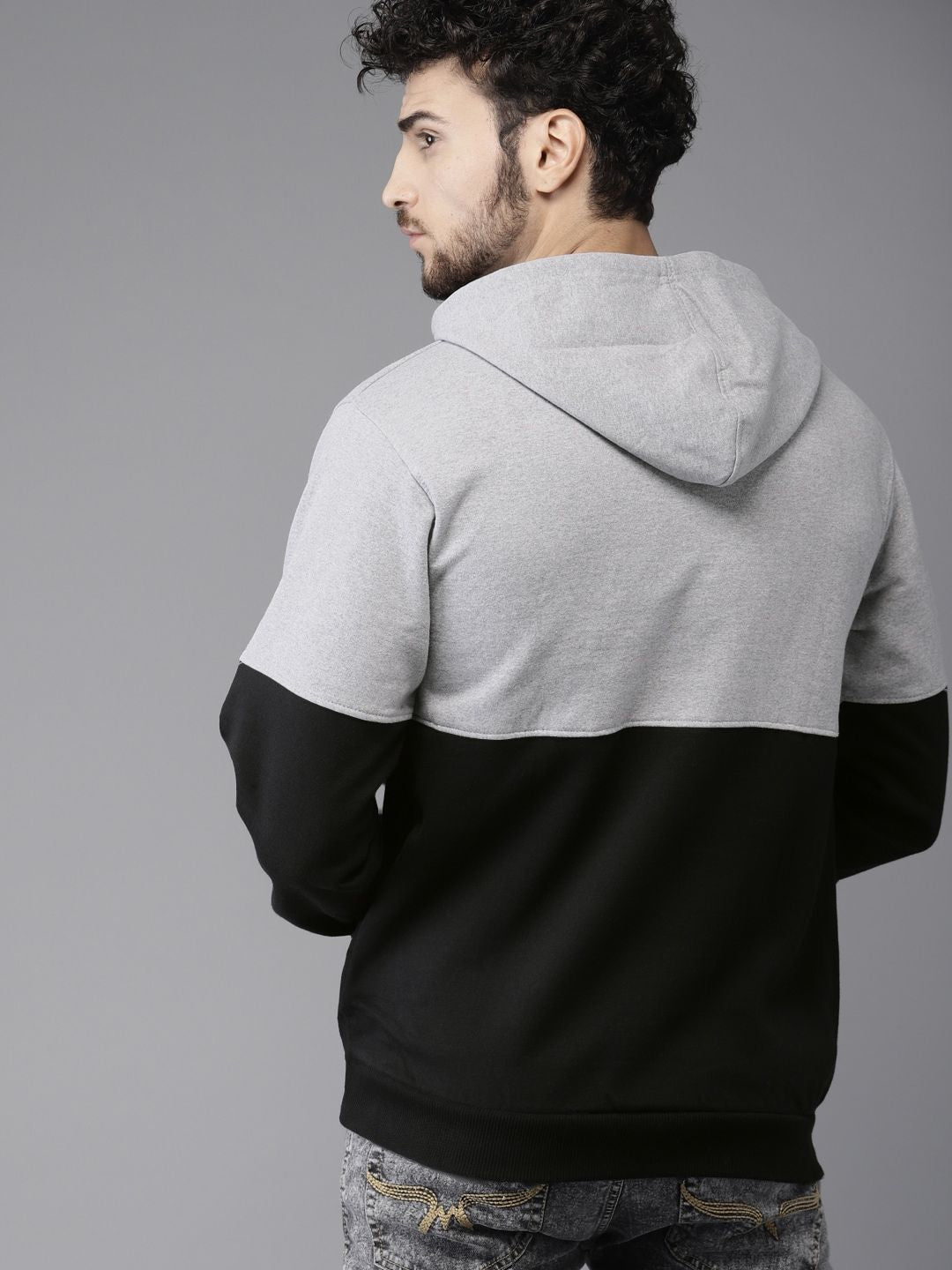 Campus Sutra Men Black & Grey Colourblocked Hooded Sweatshirt