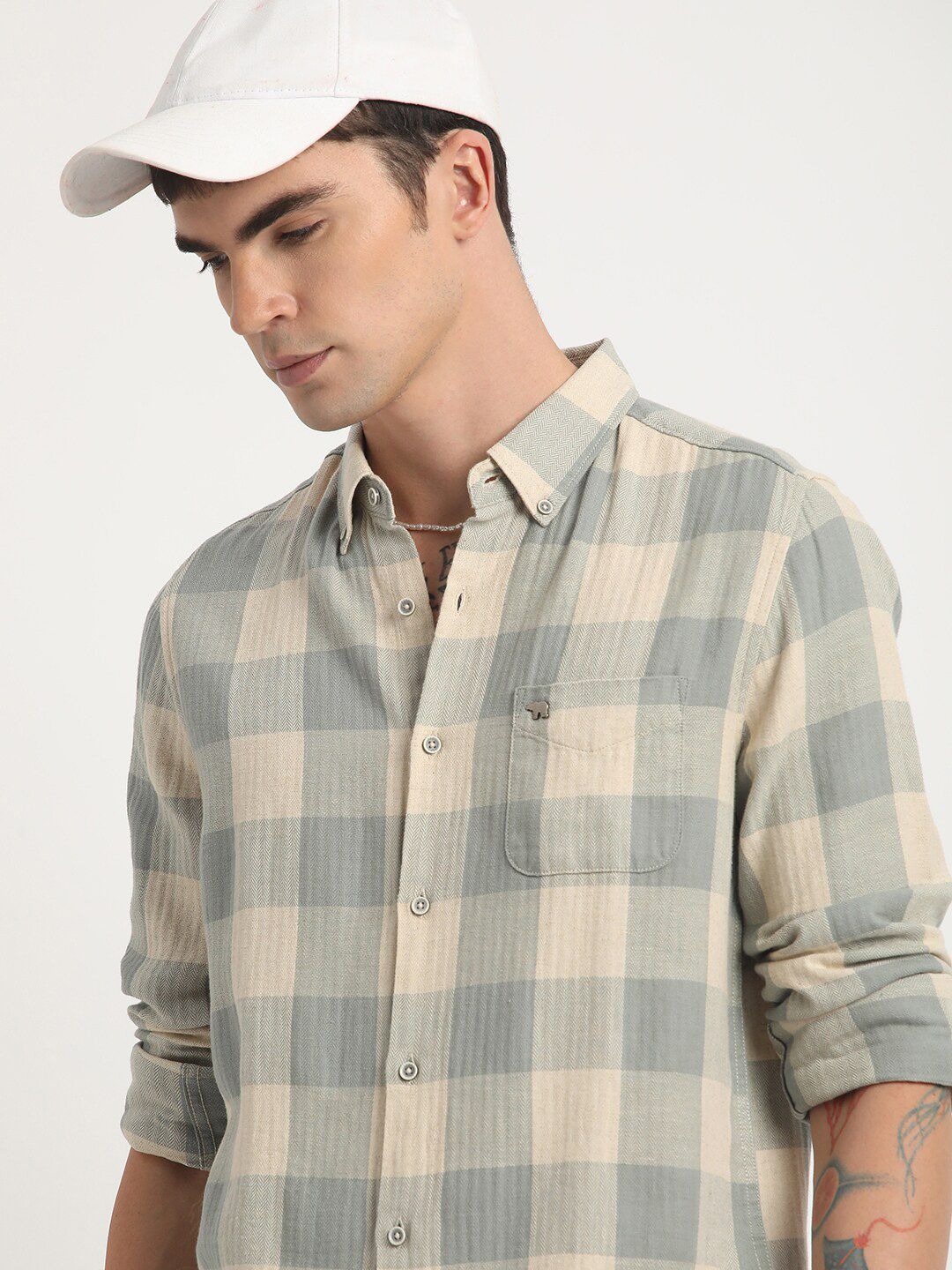 THE BEAR HOUSE Slim Fit Buffalo Checked Cotton Linen Casual Shirt