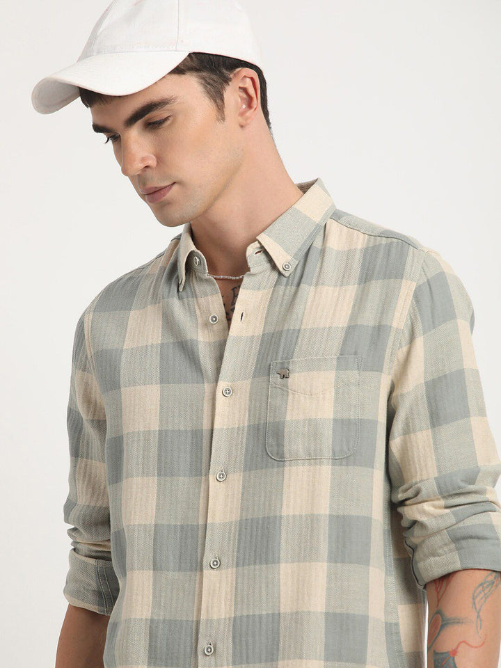 THE BEAR HOUSE Slim Fit Buffalo Checked Cotton Linen Casual Shirt