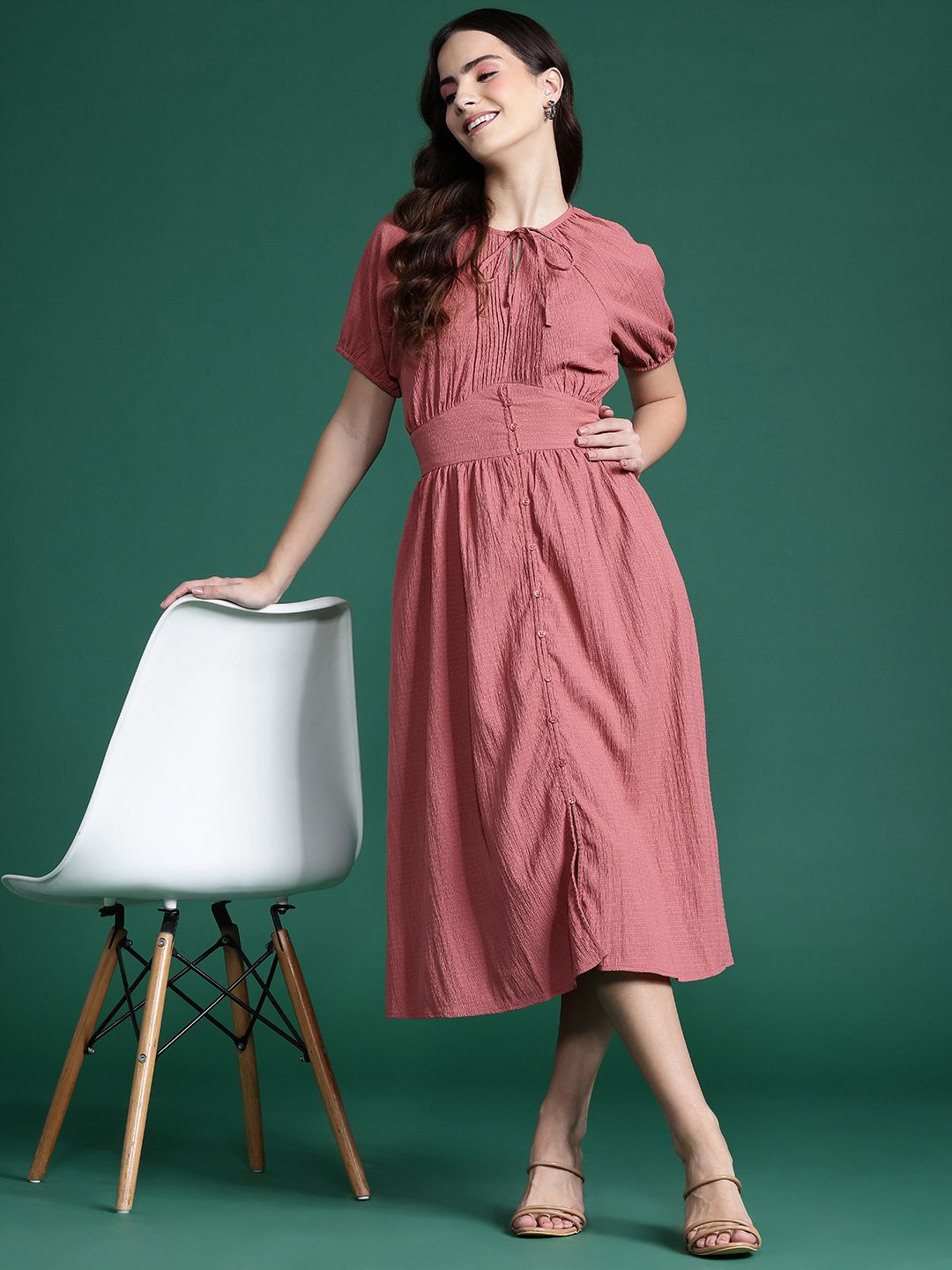 DressBerry Tie-Up Neck Textured Gathered Detail A-Line Midi Dress