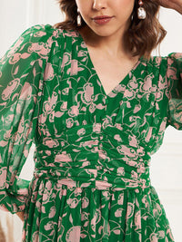 Antheaa Green Floral Printed V-Neck Puff Sleeve Pleated Tiered Fit & Flare Dress